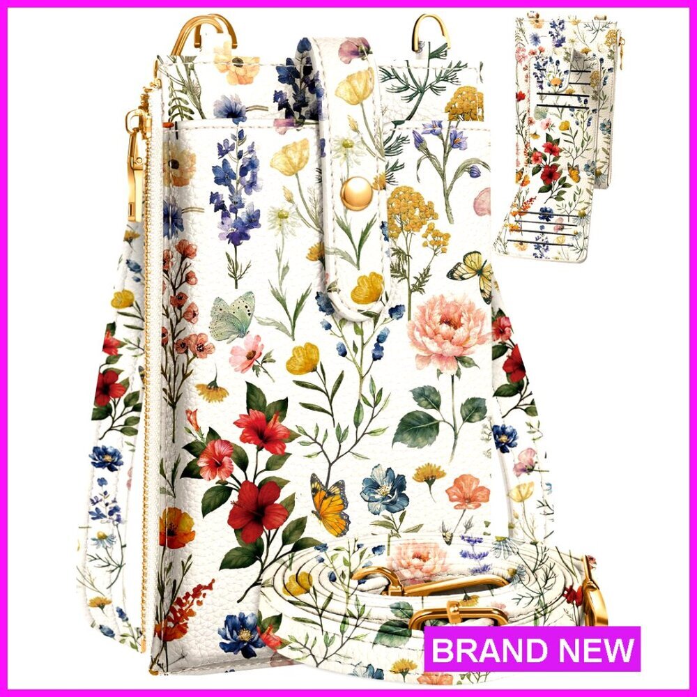 Leather Crossbody Phone Purse RFID Blocking Adjustable Strap Vintage Floral